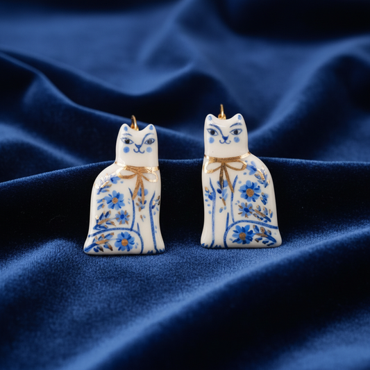 Katzen-Ohrringe auf blauem Samt