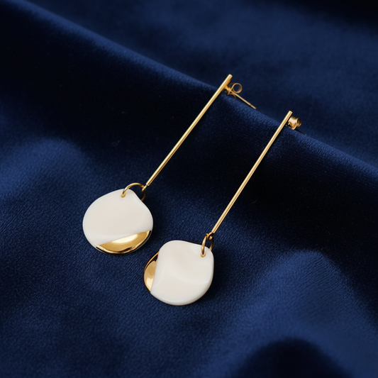 Circle Long Drop Ohrringe in Weiß & Gold