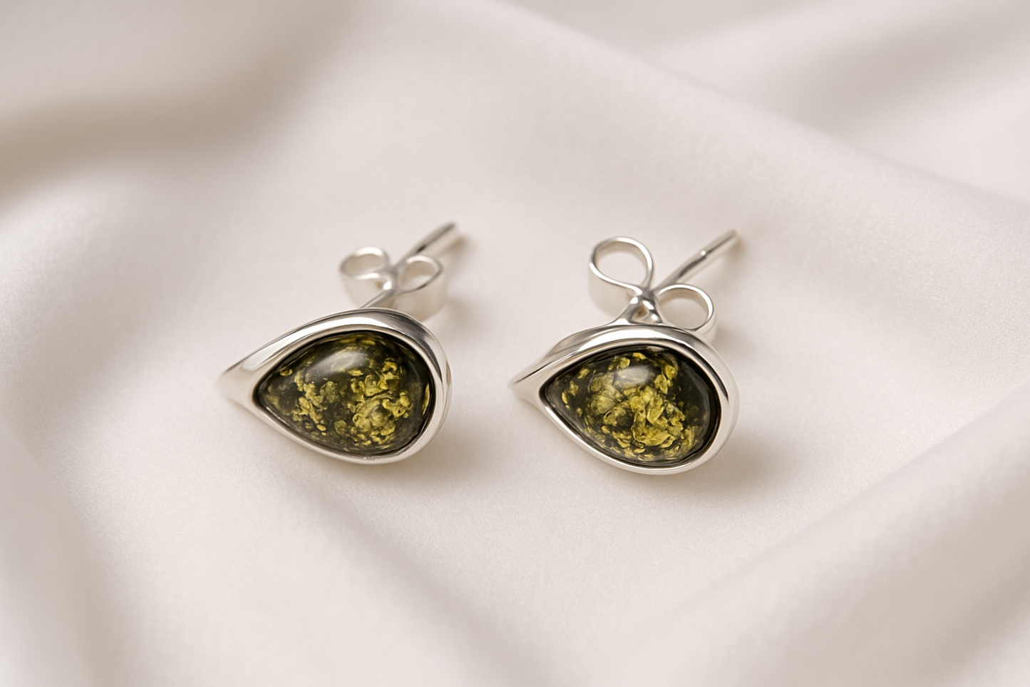 Green amber stud earrings, 925 silver, teardrop shape
