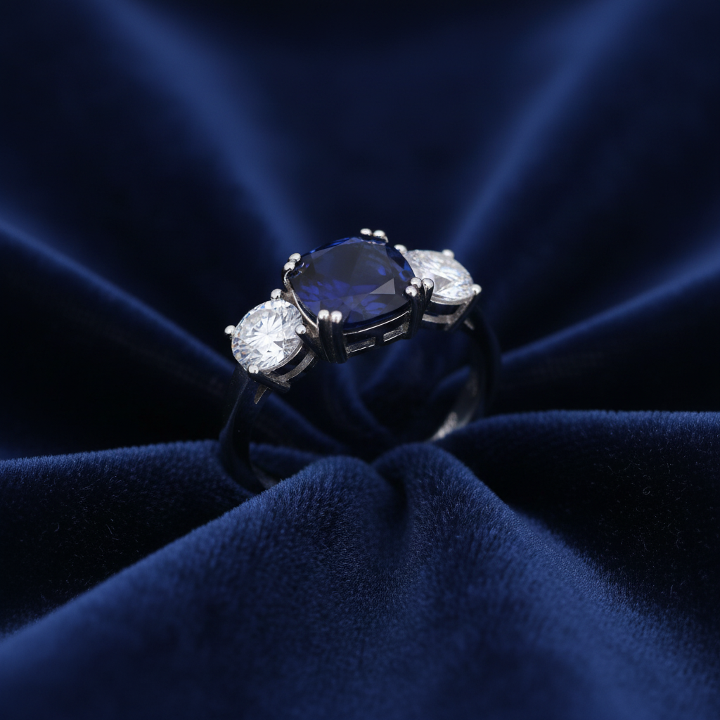 Saphir-Ring auf dunkelblauem Samt