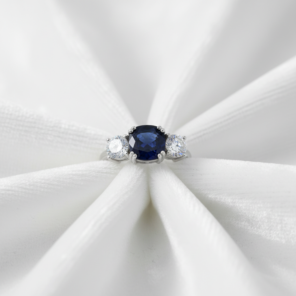 Saphir-Ring auf weißem Samt