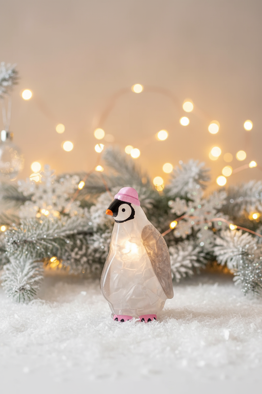 Weihnachtliches Produktbild für den handgefertigten Pinguin